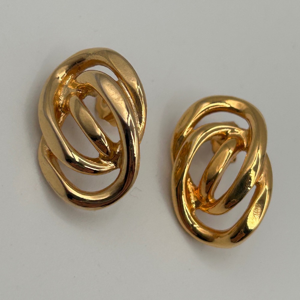 Vintage JG Hook Gold Tone Triple Interlocking Oval Pierced Earrings Statement